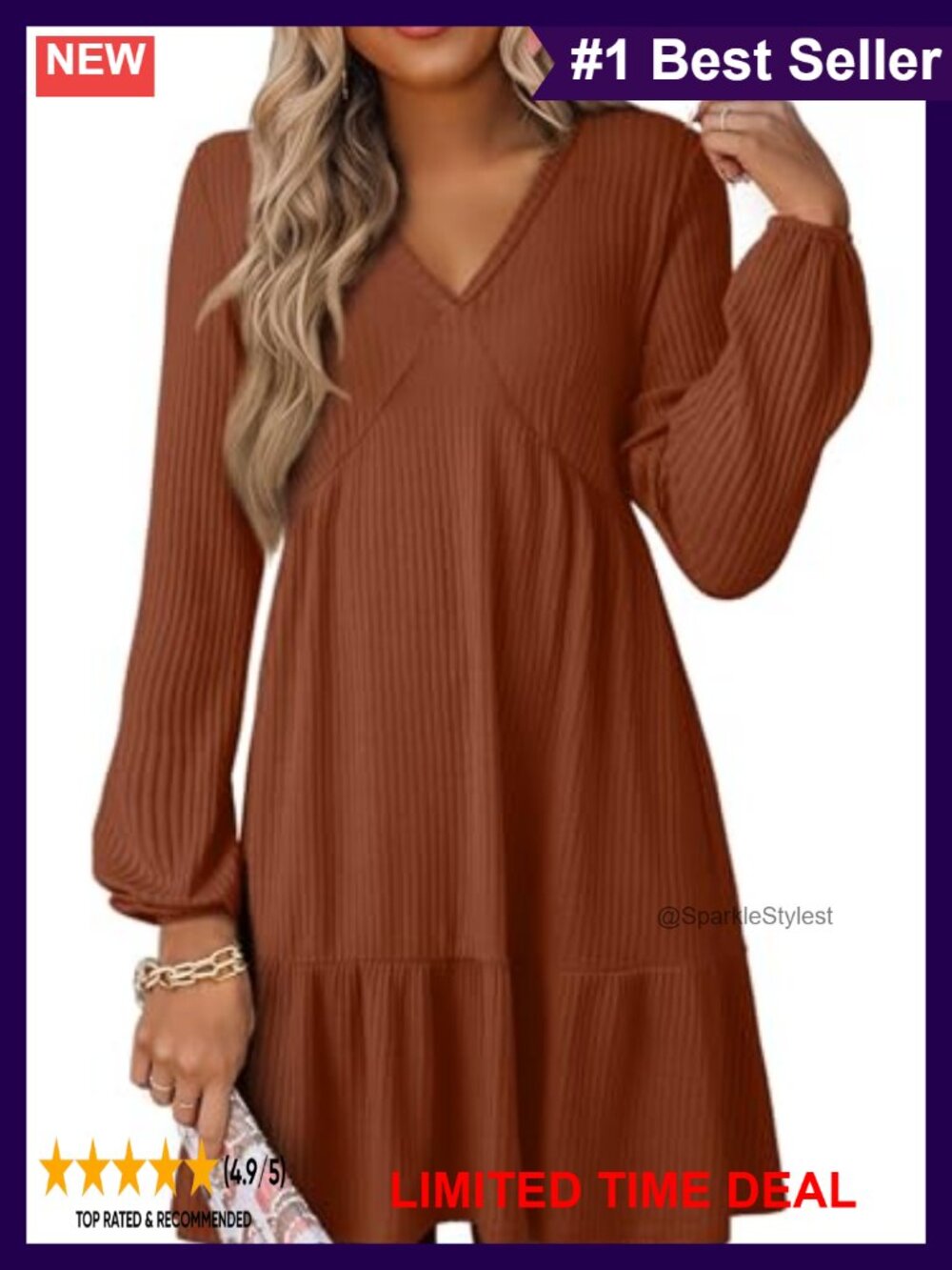 Long Sleeve V Neck Ribbed Knit Empire Waist A Line Swing Mini Dress